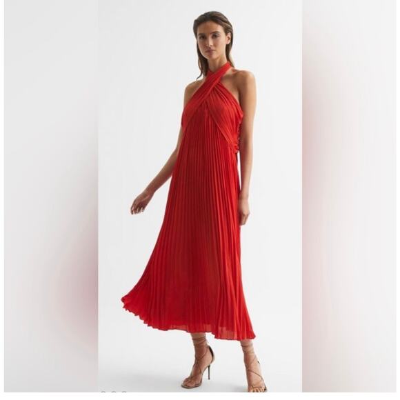 REISS-ROYA HALTER NECK PLEAT MIDI DRESS (new) - Picture 4 of 8